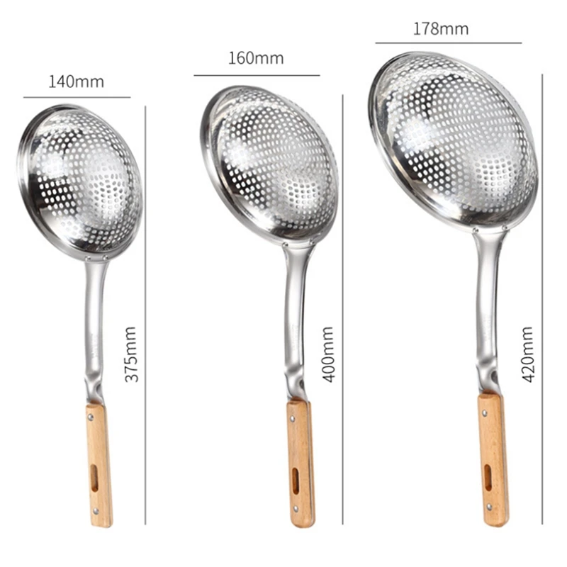 

Wooden Handle Stainless Steel Colander Strainer Noodle Cooking Spatula Spaghetti Oil Spoon Strainer Kitchen Tool