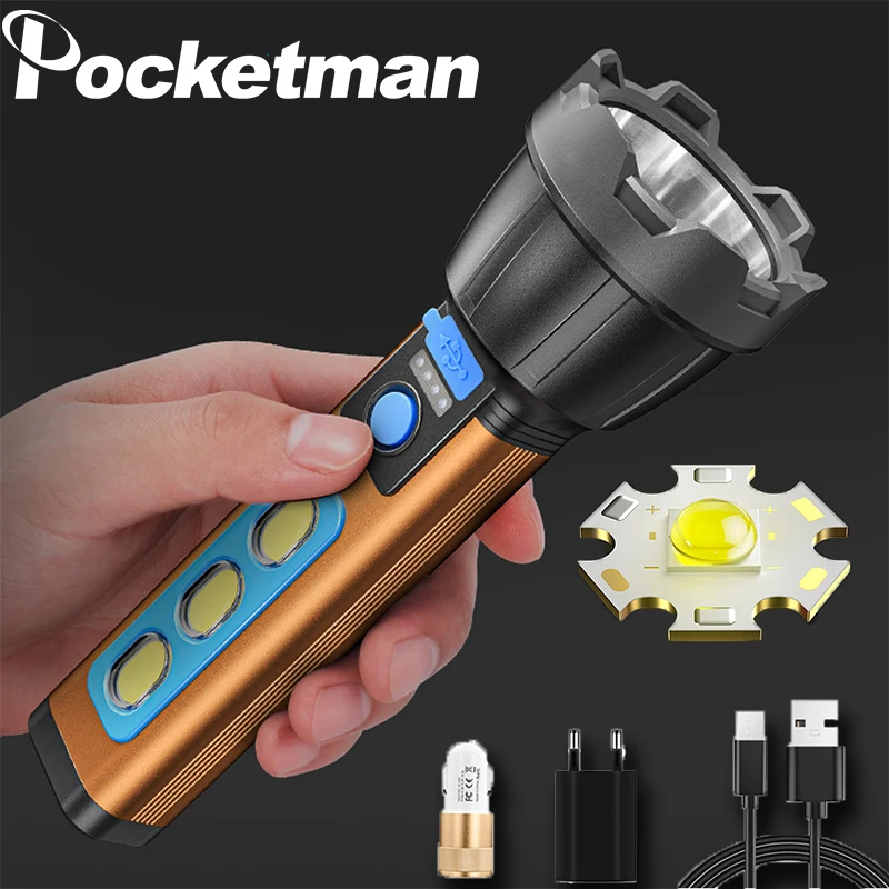 

Portable Super Bright Long Range Flashlight USB Rechargeable Waterproof Flashlamp Powerful LED COB Torch With Built-in Battery