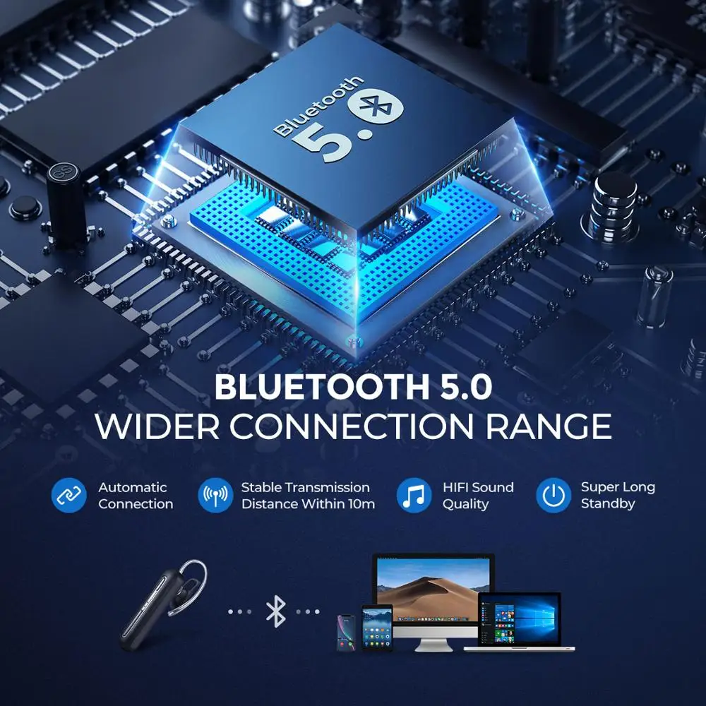Mpow Бизнес Беспроводная гарнитура Bluetooth наушники с двойным микрофоном свободные