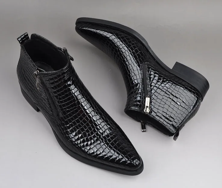 

QYFCIOUFU Alligator Skin Ankle Booties Shoes Fall Genuine Leather Blue Mens Pointed Toe Dress Boots Luxury Short Chelsea Boots