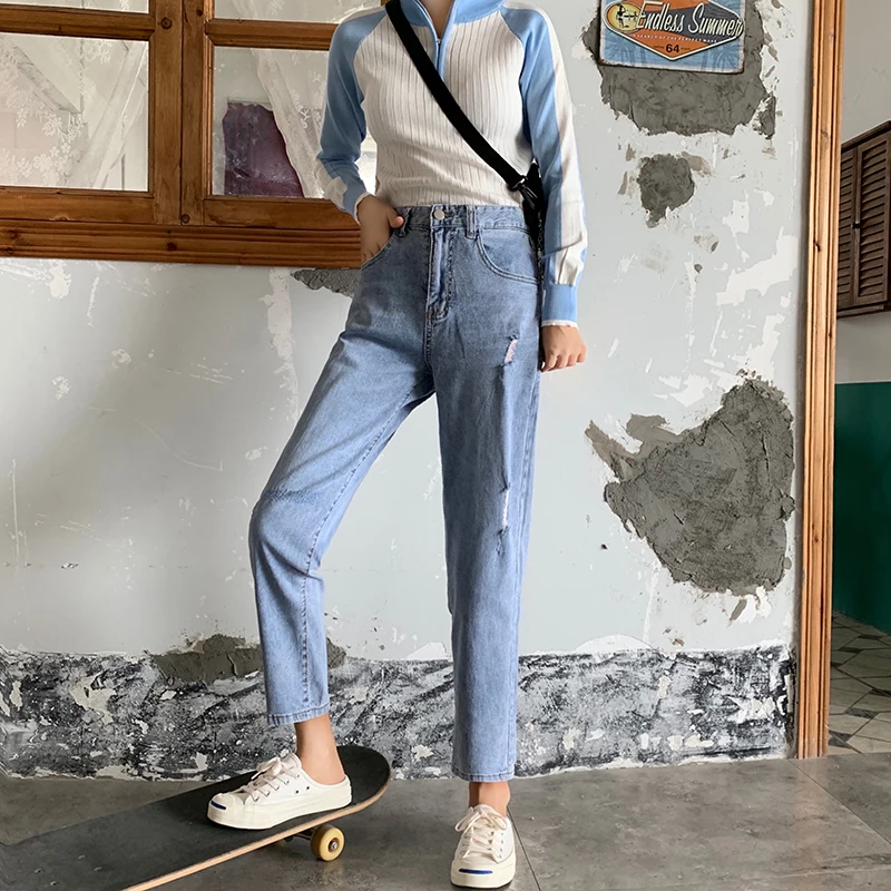 2019 New Spring Autumn Womens Cropped Jeans Korean hole Washed Denim Straight Pants Boyfriend For Women | Женская одежда