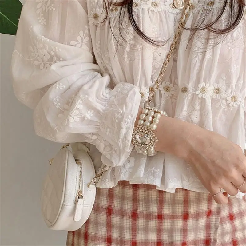 

V Neck Women Chiffon Blouse Shirt Long Sleeve Korean Flower Embroidery Blouse Shirts Spring Vintage Loose Kawaii Sweet Tops