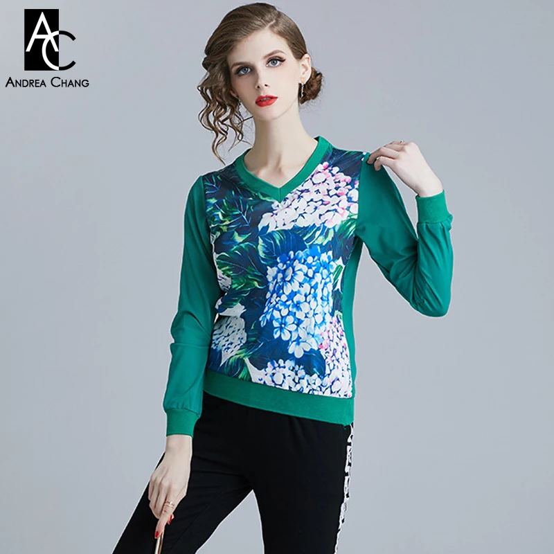 Женская блузка с цветочным принтом V-образным вырезом и длинным рукавом | одежда