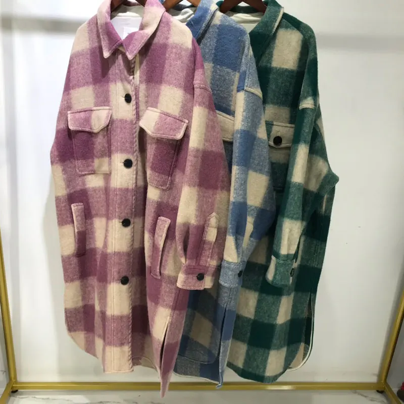 

Highest version Classic plaid ladies woolen coat turn-down collar long sleeve casual wild loose lady long coat