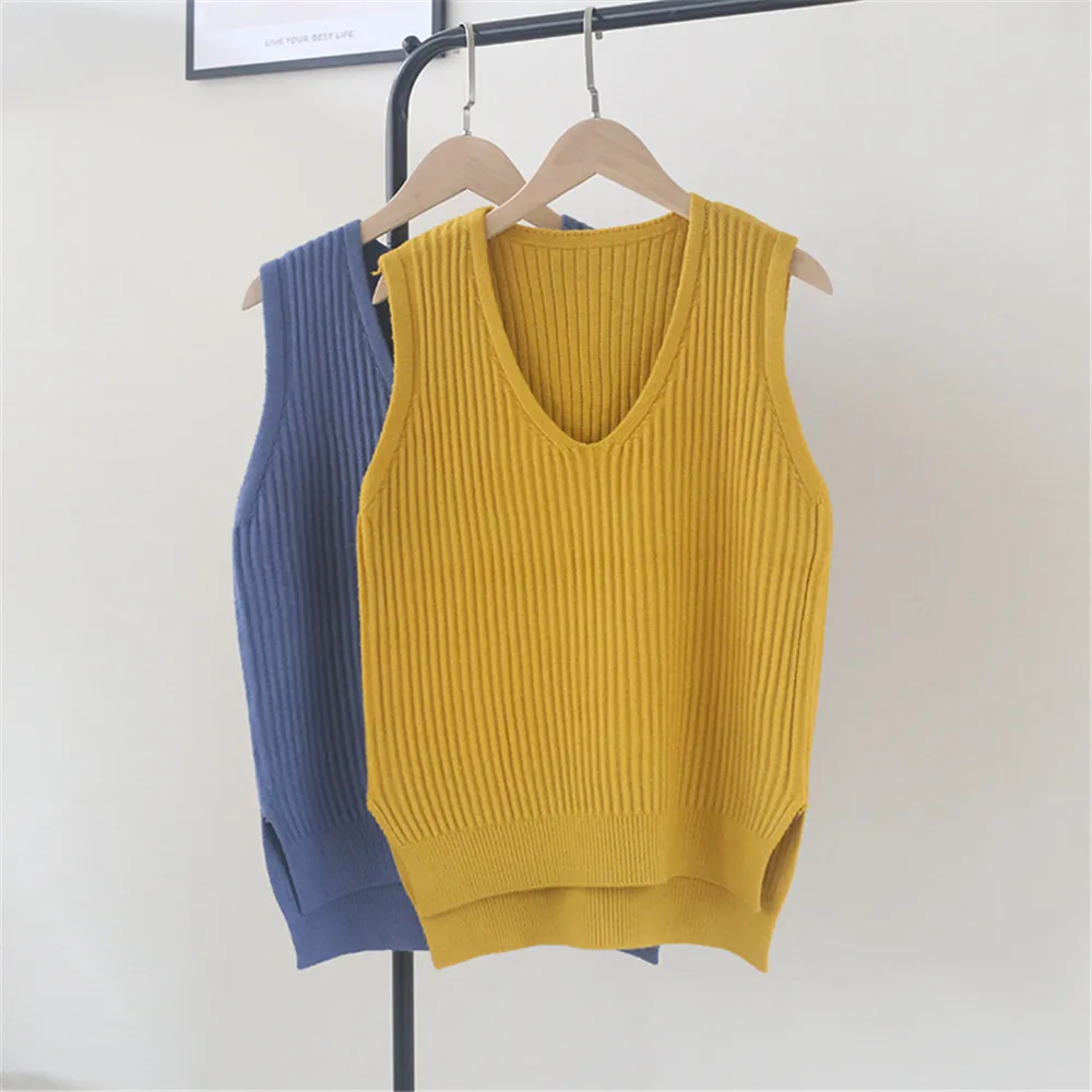

1PCS Autumn Women Sweater Waistcoat 2020 Korean Womens Elegant Student V-neck Pullover Knitting Tops Outerwear Vest Pink Black