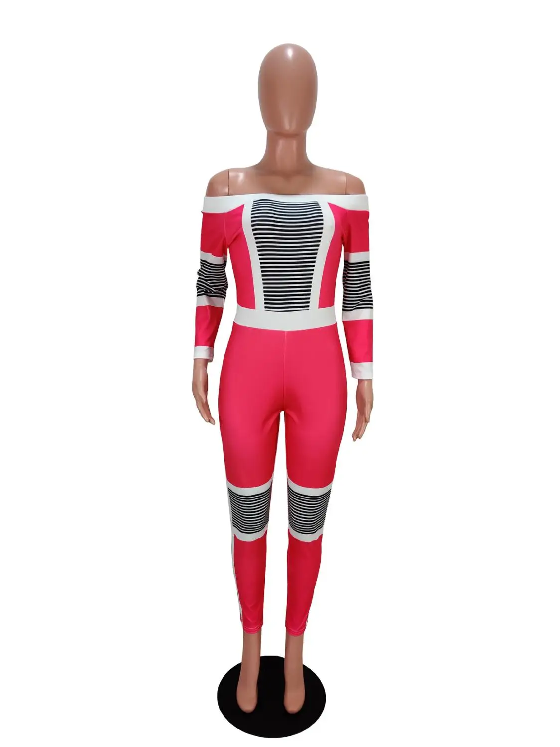 

Sexy Off Shoulder Patchwork Body Rompers Womens Jumpsuit Elegant Striped Long Sleeve Pencil Pants Bodycon Jumpsuit Women Clothes