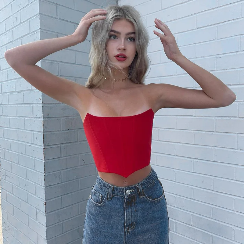 

2021 Women's Summer New Sexy Fashion Temperament Sleeveless Collarless Tube Top Street Shooting Solid Color Wild Fish Bone Vest
