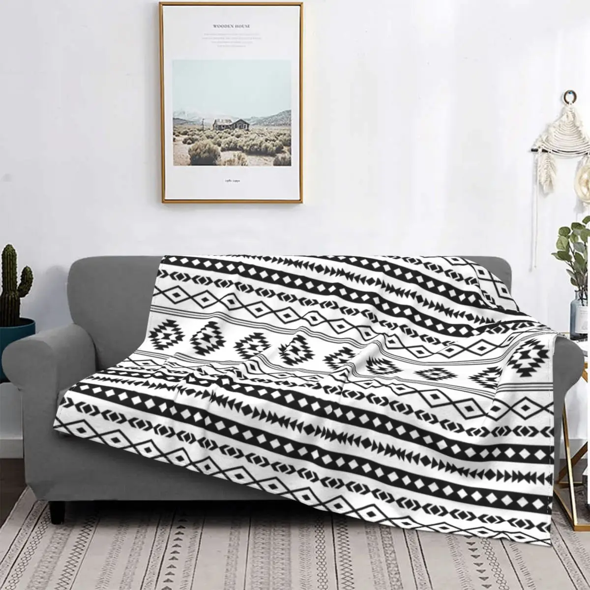 

Manta a cuadros azteca negra On blanca, colcha de cama, cubierta de sofah, manta de lana, colcha de verano