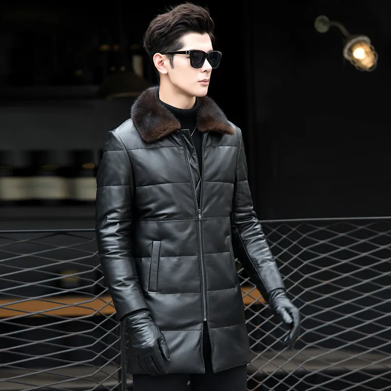 

Winter Leather Genuine Duck Down Jacket Men Sheepskin Coat Mink Fur Collar Chaqueta Cuero Hombre 9028 KJ1503