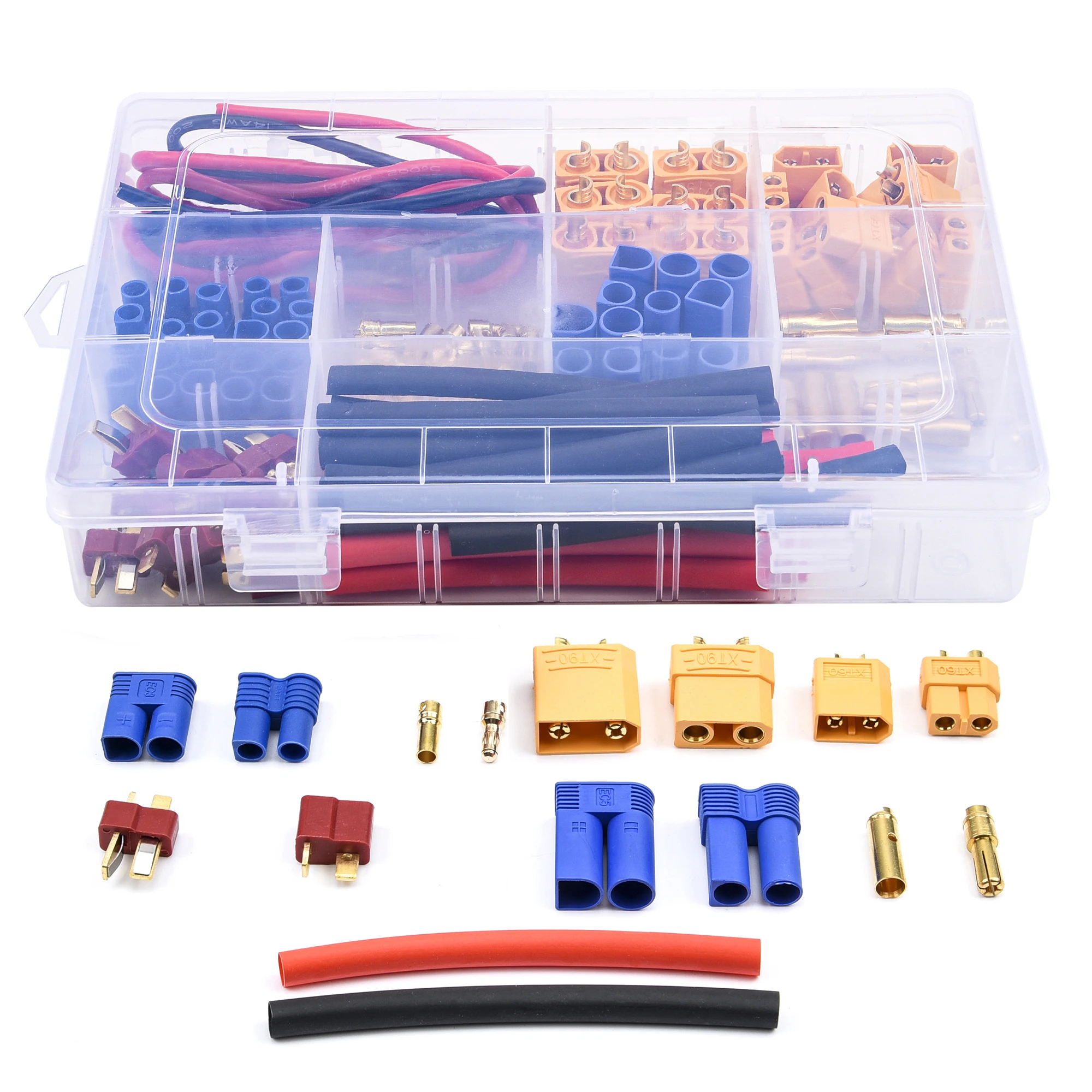 76pcs T-Plug / XT60 / XT90 / EC3 /EC5 Male &Female Plug Adapter Connectors Silicone Wire and Shrink Tubing Kit for RC Car /Frame