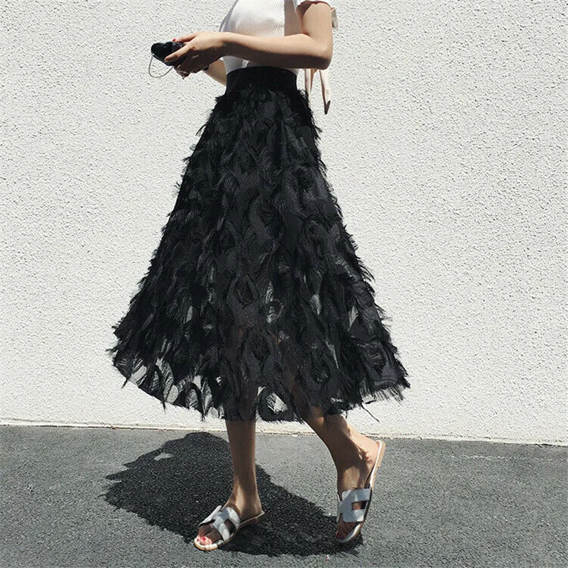 

Women Elastic High waist Skirts Summer Party Layered A-line Mesh Tulle Tutu Skirts Summer Casual Bouffant Midi Skirt Sweet Girl