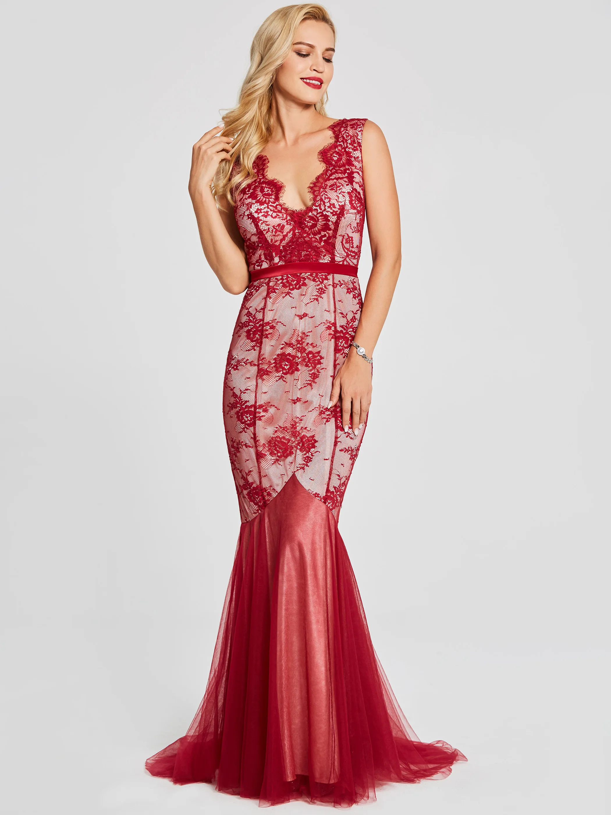 

Tanpell lace v neck evening dress burgundy sleeveless floor length sweep train dress women long backless formal evening dresses