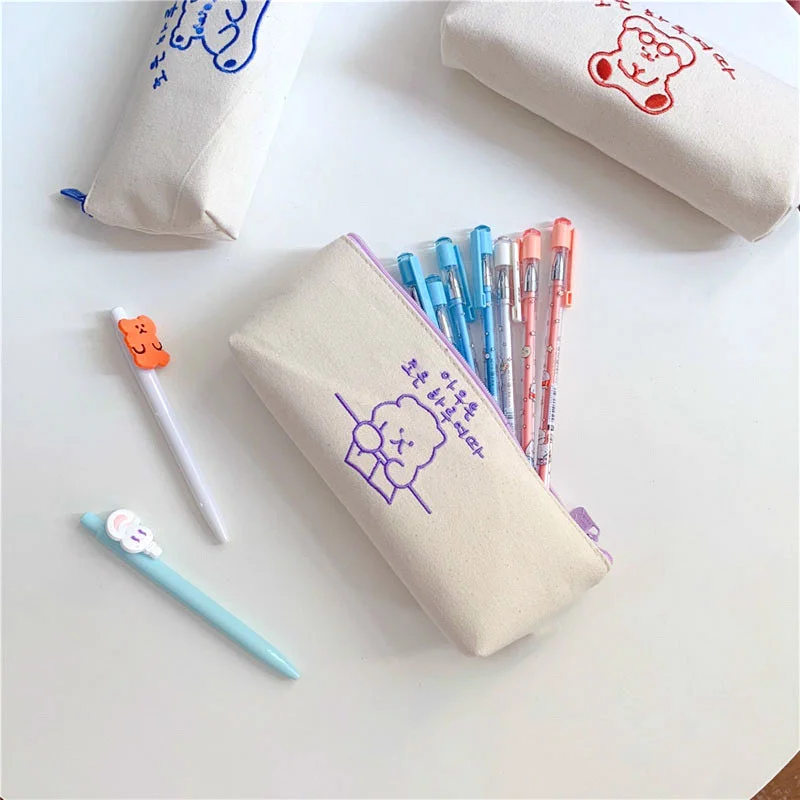 

Adorable Bear Canvas Embroidery Pencil Case Kawaii Pencil Bag Funny Cartoon Students School Supplies Cute Stationery Wholesale