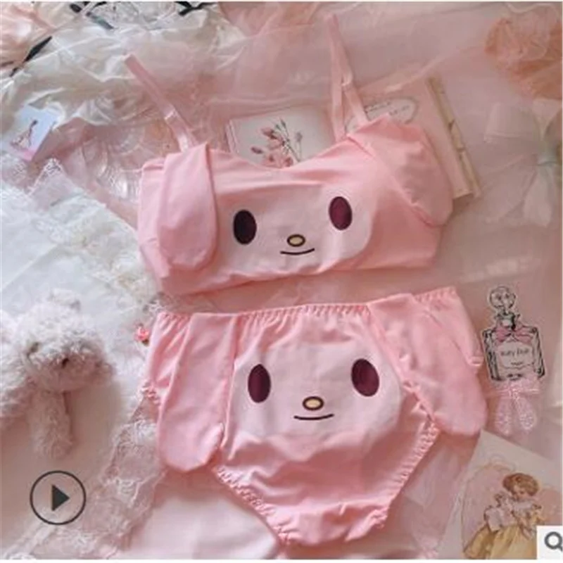 

Sexy Sweet Lolita Rabbit Bra Set Underwear Pajama Sets Women Lingerie Thin Cotton Brassiere Dog Embroidery Bras