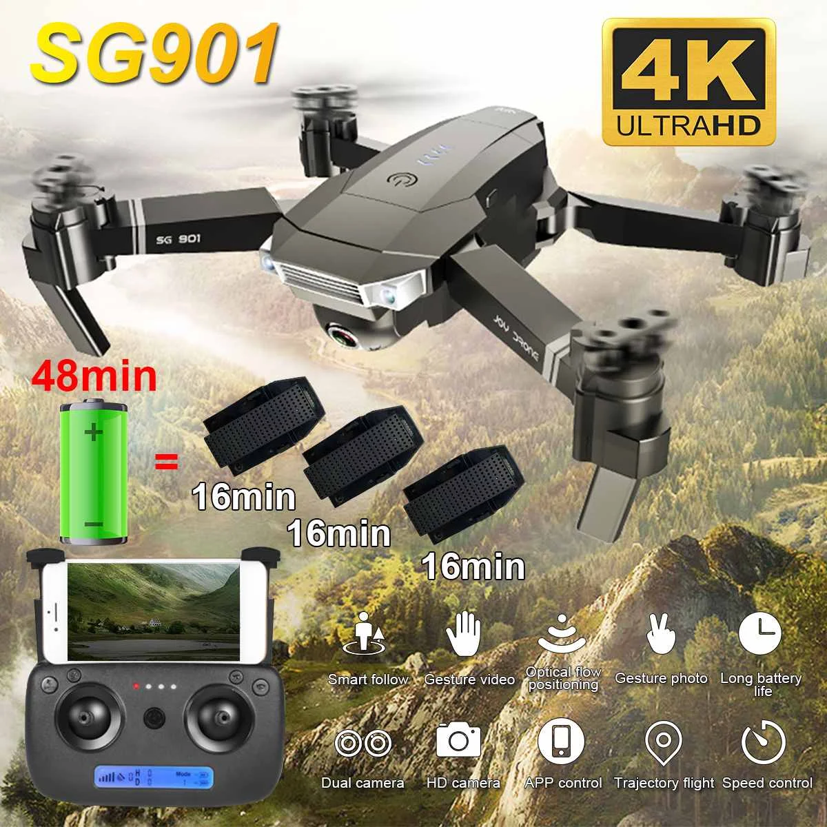 SG901 камера Дрон 4K HD Двойная камера дроны следуют за мной Квадрокоптер FPV Профессиональные с GPS долгий срок службы батареи Дрон