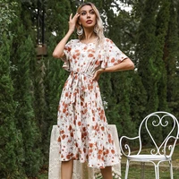 2021 new floral holiday beach summer clothing for female fashion boho womens short ruffle sleeve pleated midi dresses with belt