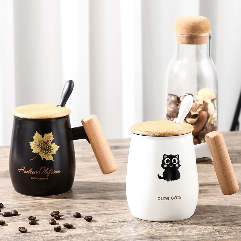 Новая креативная мультяшная керамическая кружка с деревянной ручкой крышка