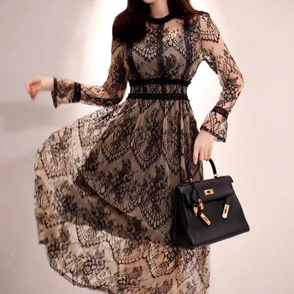 

2020 Spring Elegant Sexy Women Vintage Lace Long Sleeve O-Neck Robe Femme OL High Waist Casual Slim Party Dresses