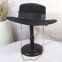 black cap female british wool hat fashion party flat top hat chain strap and pin fedoras for woman for a street style shooting