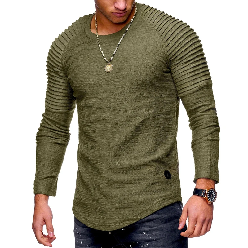 Футболка мужская с длинным рукавом приталенная рубашка плиссированным плечом и