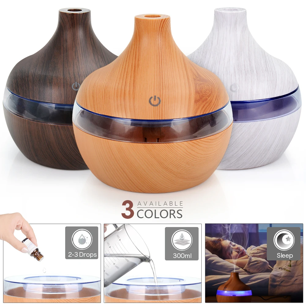 

300ML USB Air Humidifier Electric Aroma Diffuser Mist Wood Grain Oil Aromatherapy Mini Have 7 LED Light For Car Home Office