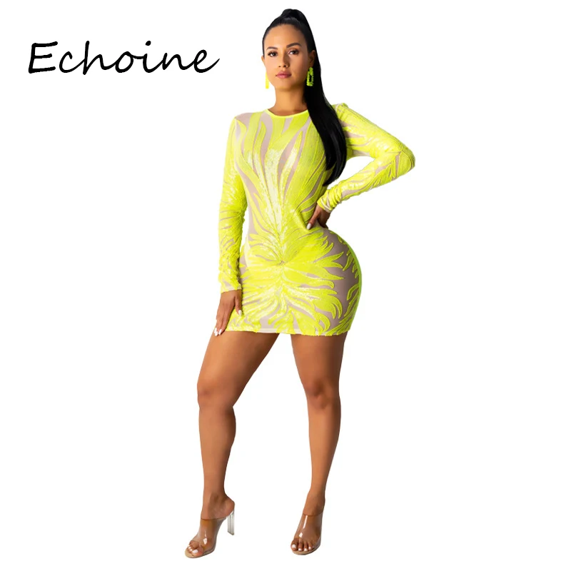 Женское Прозрачное платье с блестками длинным рукавом и круглым вырезом|Женские