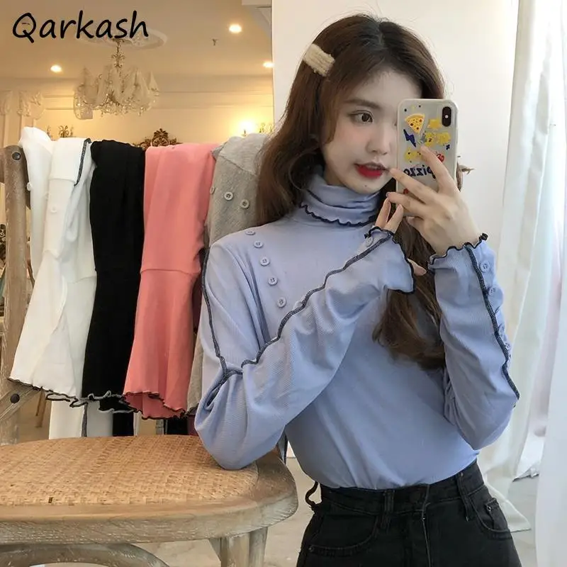 

Long Sleeve T-shirts Women New Lady Clothes Sweet Candy Color Knitted Design Preppy Trendy Simple All-match Harajuku Japan Style