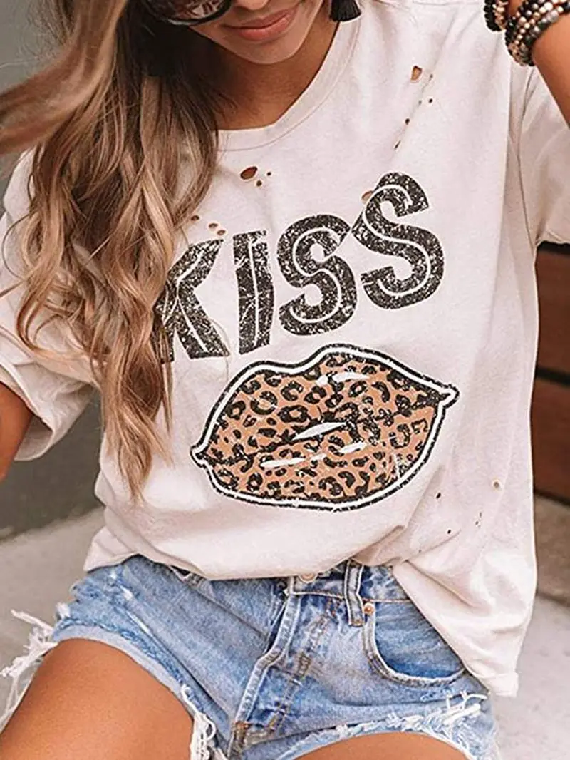 

Short Sleeve Casual Cotton O Neck Woman T Shirt with Holes Summer Female Fashion Blouse Tee Print Lip Kisss Tshirt
