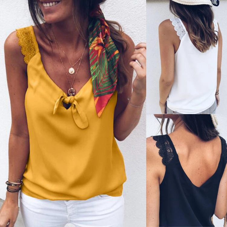 Летний сексуальный кружевной топ без рукавов женская блузка с v-образным вырезом