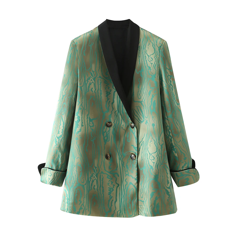 

2021Za Women's Retro New Color Matching Double-breasted Suit Blazer Spring and Autumn Fashion Pocket Long-sleeved Female Jacket