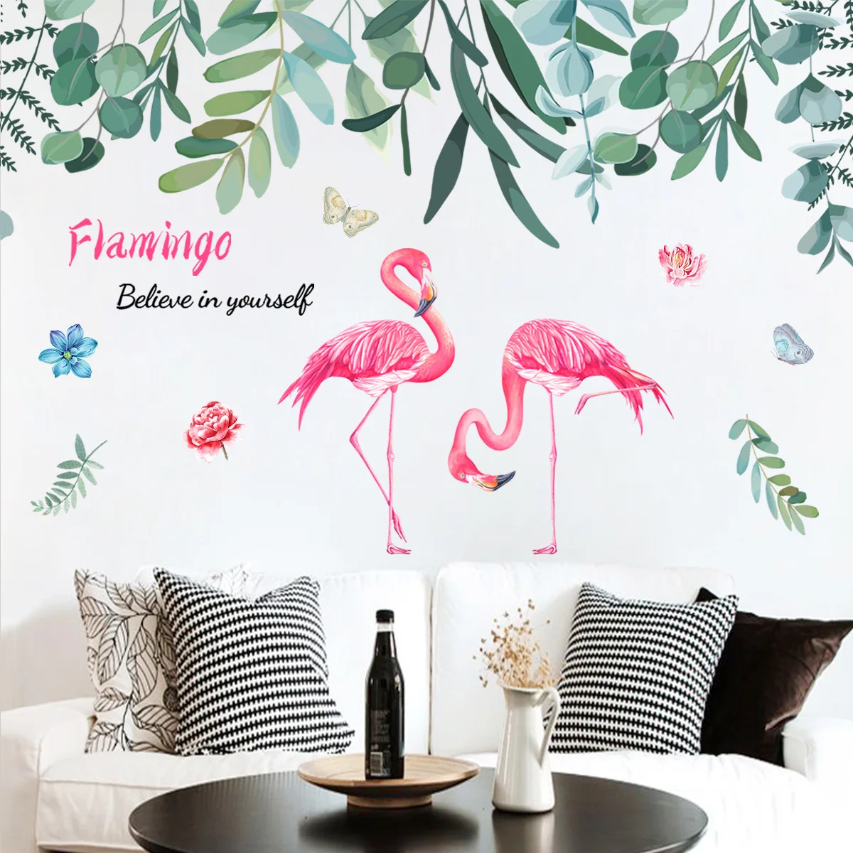 

Green plant flamingo pink girl heart bedroom bedside bedroom fresh art Nordic ins wall sticker