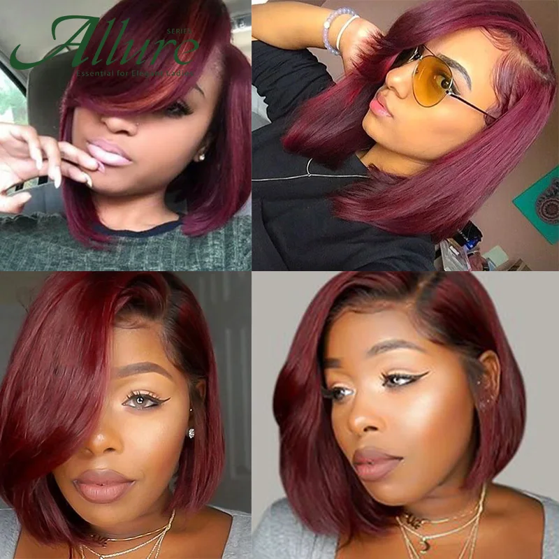 Short Burgundy Part Lace Front Human Hair Wig For Black Women Bob Cut Wig With Bangs Straight Brown Brazilian Hair Wig Allure enlarge