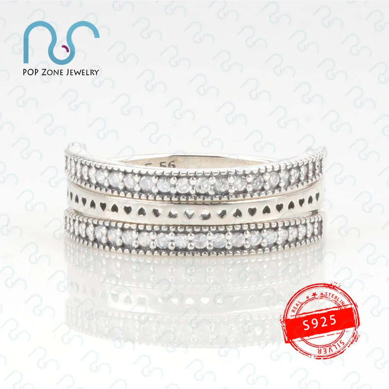 

S925 Sterling Silver Rings Brand Original Pan Logo and Hearts Ring Charm Luxury Three Layers Fashion Women Ring Jewelry Gift