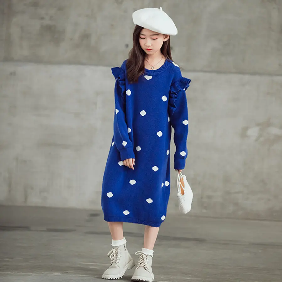 

2021 Spring Streetwear Royal Blue Cotton Knitted X Long dress Girls 4-13 Age Purple O Neck Polka Dot Ruffle Sleeve Dresses Teens