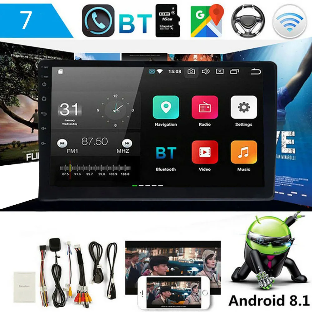 7 дюймовый Android 8 1 двойной DIN 16G четырехъядерный GPS стерео MP5 плеер Емкостный