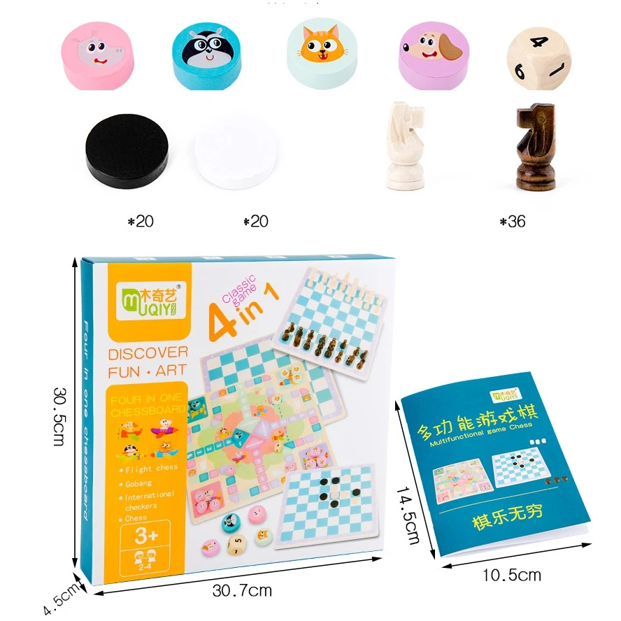 

4 In 1 Classic Wooden Chess Set Flying Chess Toys For Children Montessori Early Educational Learning Game