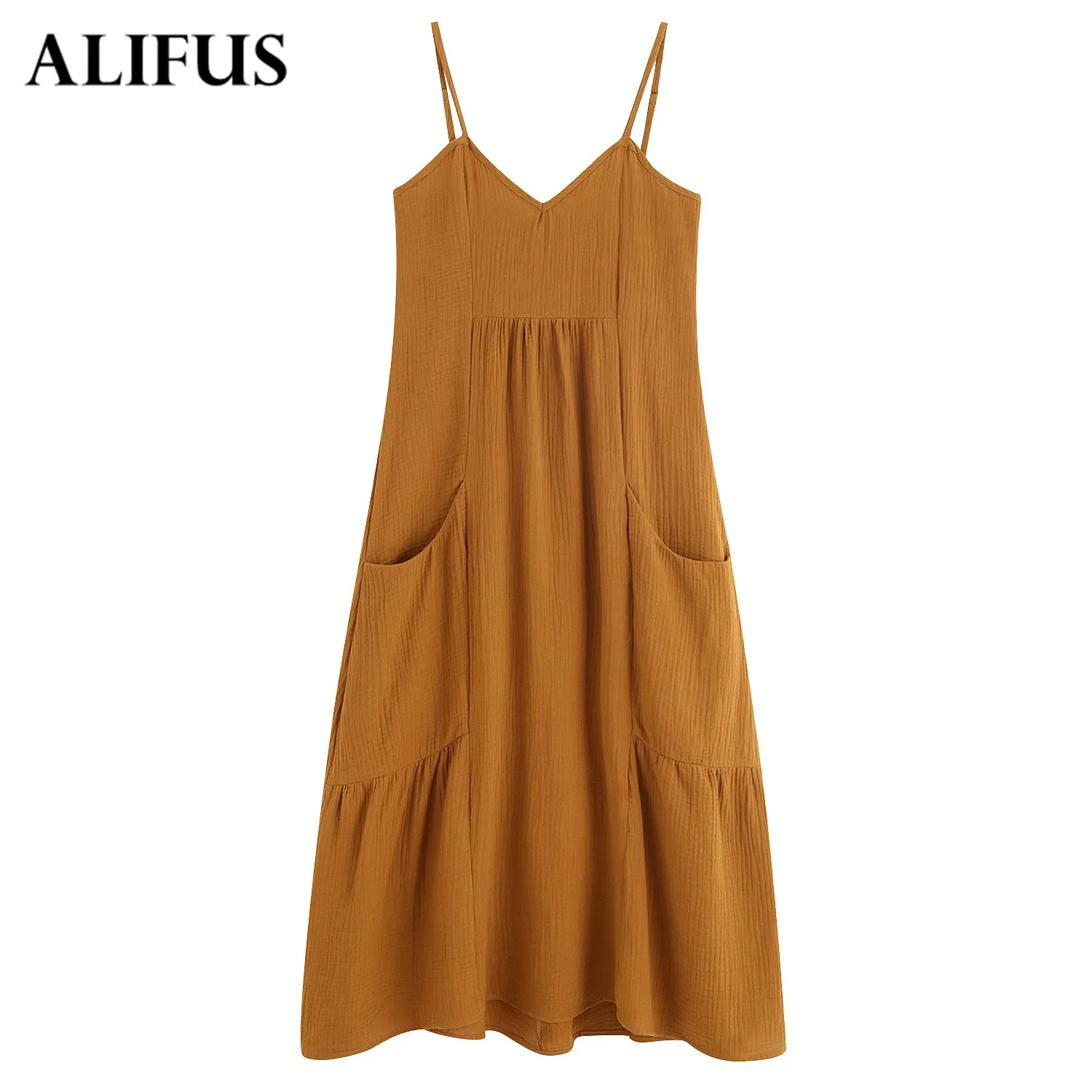 Модное женское платье Za летнее винтажное одноцветное миди платья с карманами