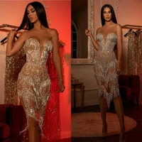 sweetheart illsuion sequined evening dresses with tassels knee length party dress 2020 short prom gowns club wear
