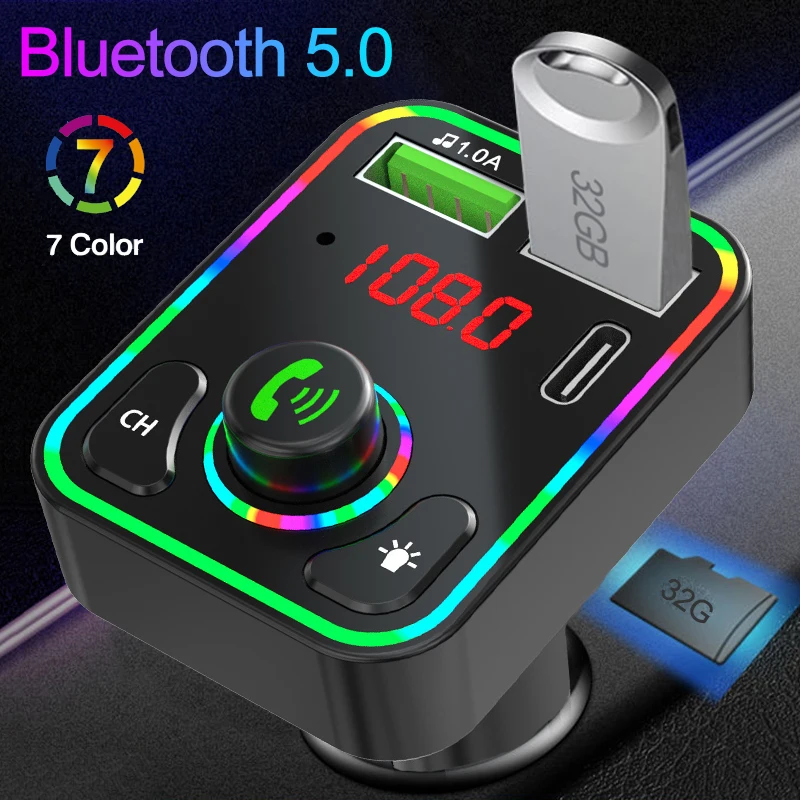 

Автомобильный Bluetooth 5,0 FM-передатчик JINSERTA, 7-цветный автомобильный комплект с атмосферсветильник светом, MP3 модулятор, беспроводной аудиоприе...