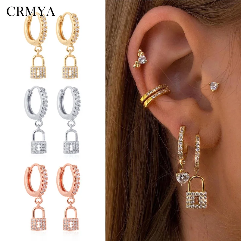 CRMYA Vintage Gold Silver Filled Circle Drop Earring CZ Zircon Lock Dangle Hoop Earrings for Women Girls Jewelry  - buy with discount