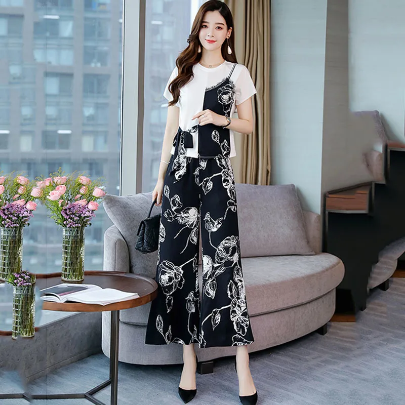 

202 новые женские свободные комплект из двух предметов, одежда для девочек, с цветочным принтом, Комплект: футболка + размера плюс Широкие шта...