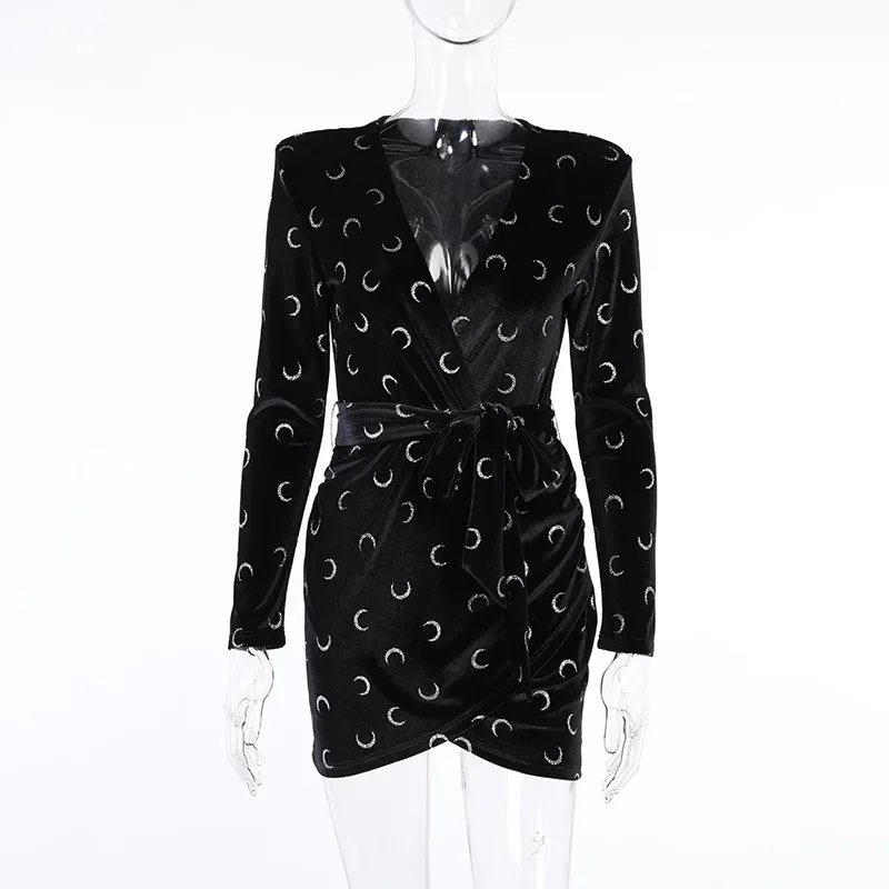 

Dress for Women 2021 Moon Printing Bronzing Deep V Neck Fashion High Waist Long Sleeve Club Party Aesthetic Mini Dresses