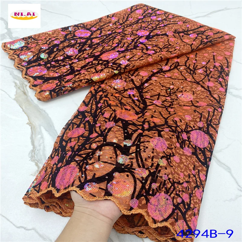 

New Orange African Lace Fabric 2021 High Quality Nigerian Lace Fabric 5 Yards French Sequins Lace For Wedding Dress NA4294B-3