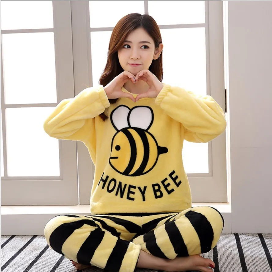 Women pajamas set Long Sleeve Full Trousers Two Piece 2018 Pyjamas Thick Flannel Cute Sheep Female Warm Winter Pajama Set | Женская
