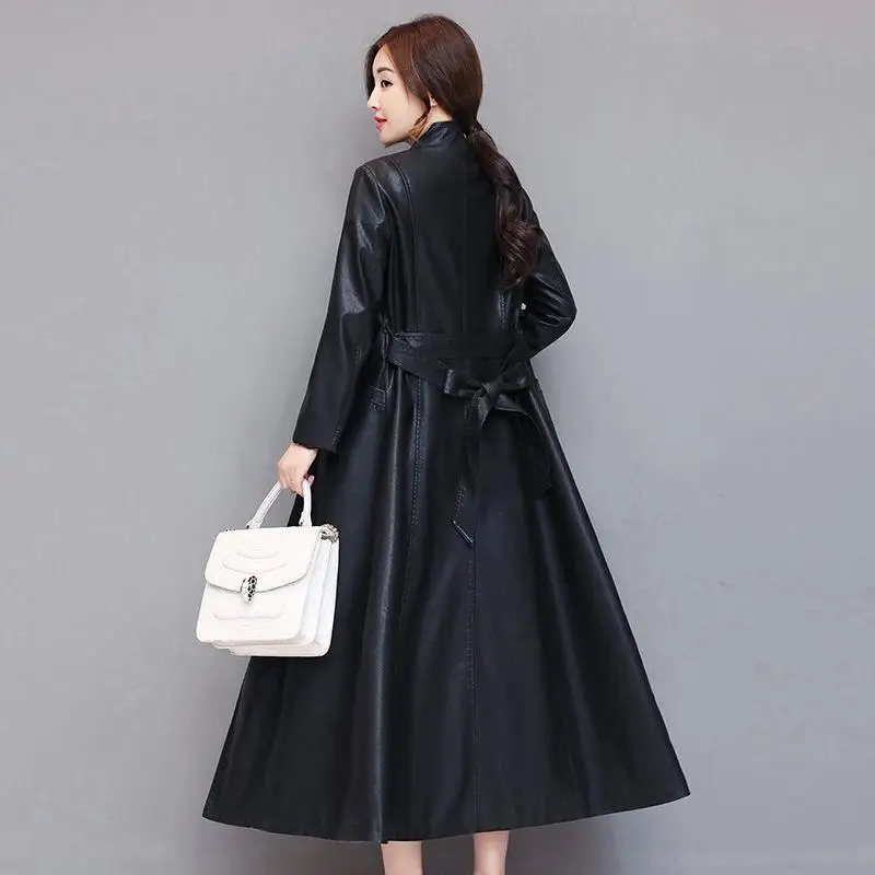 

Women 2019 Autumn Winter X-Long Faux Leather Coat Soft Slim Leather Jacket Female Plus Size Sheepskin Trench Coat With Belt T102