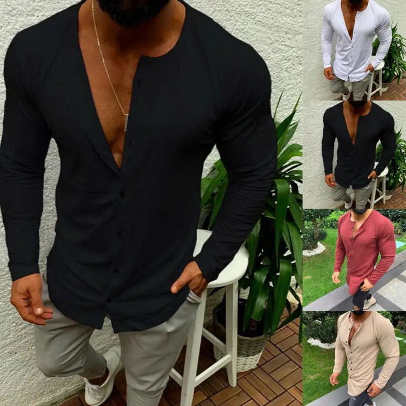 Футболка мужская облегающая с V образным вырезом и длинным рукавом|Мужские