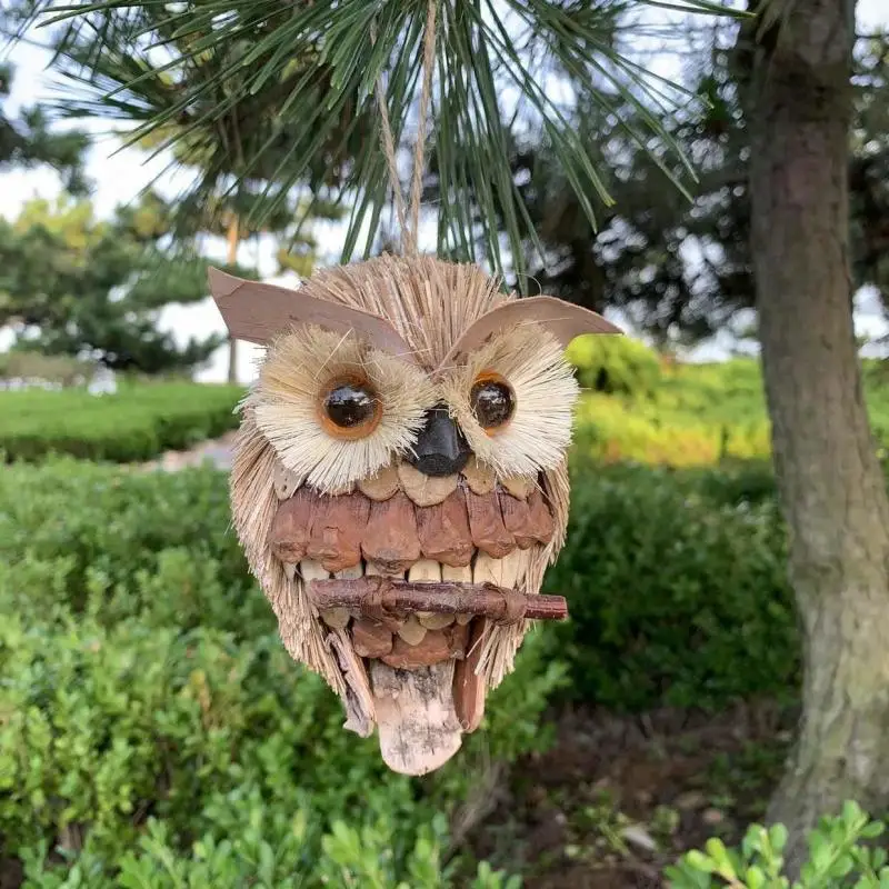 

Owl Garden Pendant Home Decor Statues Sculptures Wood Pastoral Style Handmade Straw Wall Hanging Vintage Animal Plant Decoration