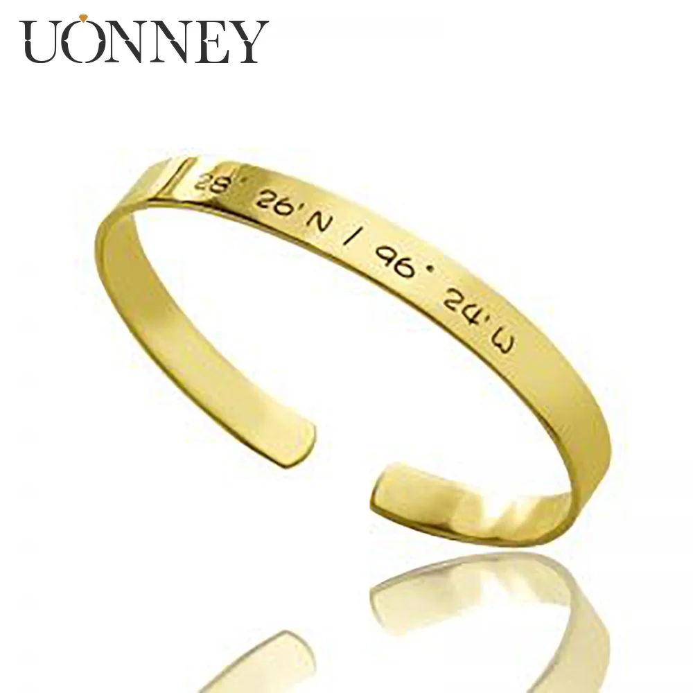 

Uonney Dropshipping Custom Bangle Location Longitude Latitude Name Engraved Bar Gold Color Plated Men Women 2021 Gift Jewelry