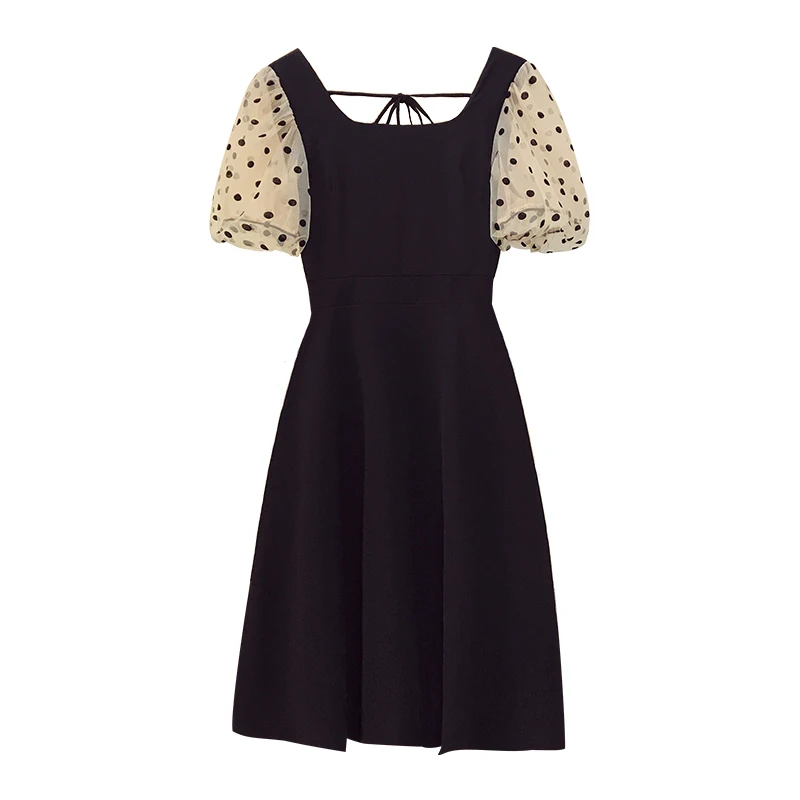 

2021 Plus Size Summer Dot Print Patchwork Black Dress For Women Square Collar Puff Sleeve Draped Elegant Dresses Female Clothing