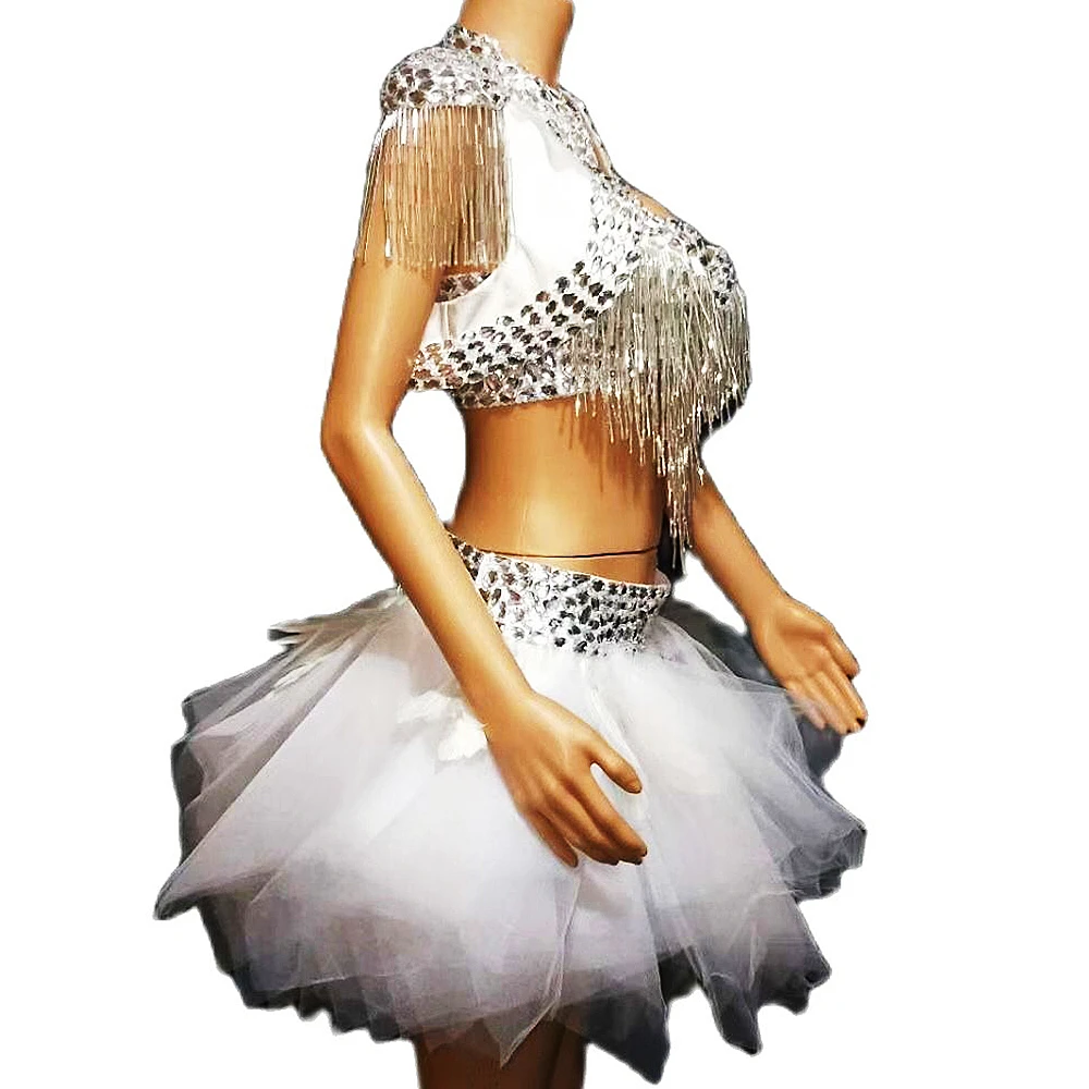 

White Mesh Tutu Mini Skirt Latin Ballet Dance Stage Wear Shinny Diamonds Silver Chain Tassel Shorts Sexy Nightclub Costumes